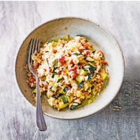Baked courgette, sundried tomato & pancetta risotto